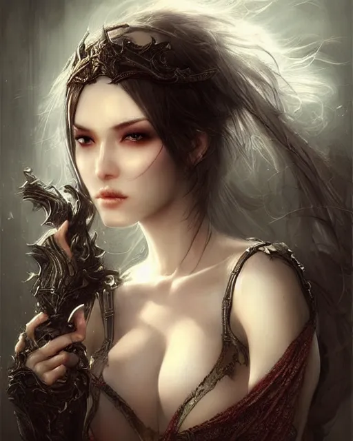 Image similar to beautiful women with oriental faces, character portrait, sharp, digital matte painting, art by luis royo, greg rutkowski, dramatic lighting, trending on artstation