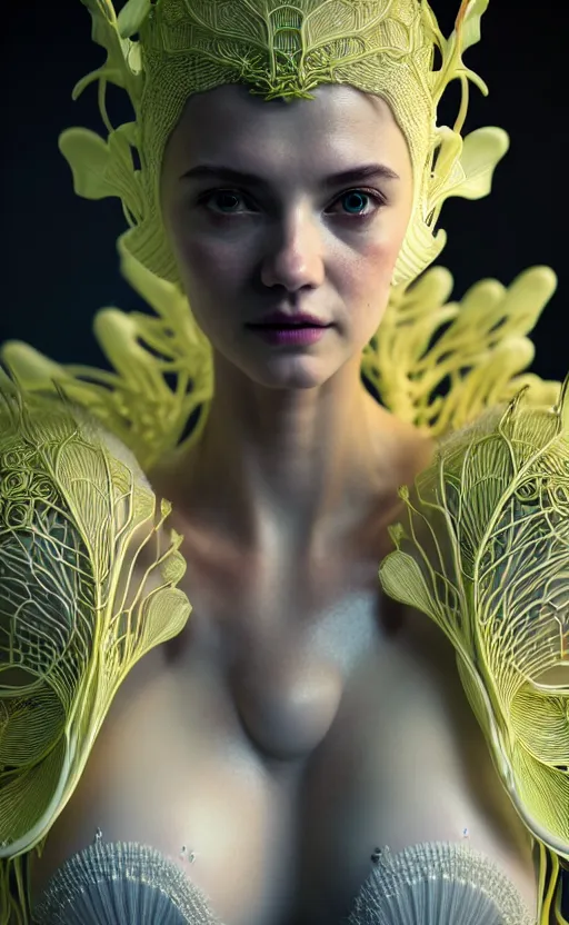 Image similar to intricate hyper detailed ultra sharp 3 d render of a beautiful porcelain seductive woman portrait, medium shot portrait, bright light, alexandre ferra white mecha, cyberpunk mechanical haute couture huge fractal mycelum and fungi, magnolia goliath head ornaments, big embroidered leaves filigree sinuous roots, octane render, volumetric cinematic lighting, yellow, 8 k, vray tracing