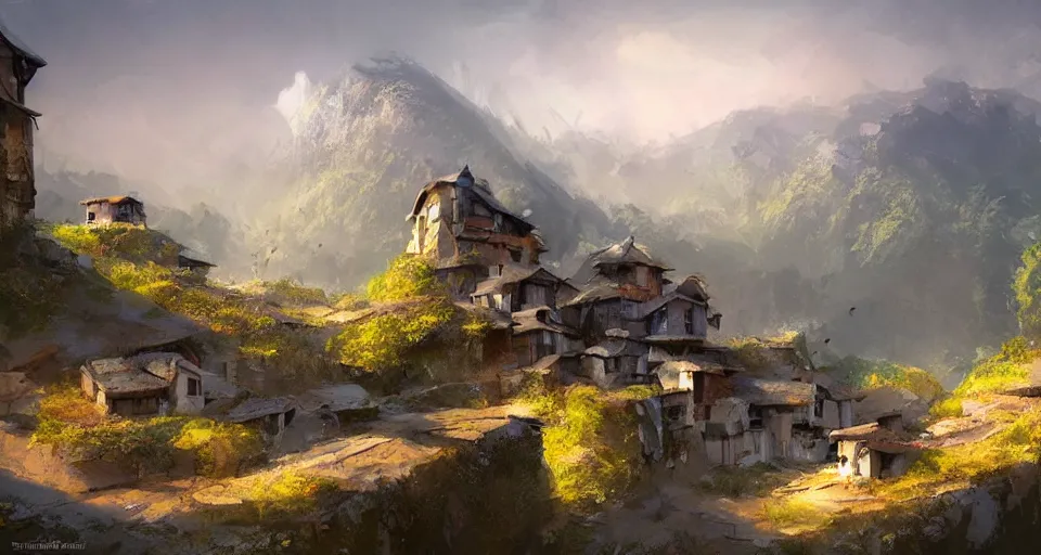 Image similar to beautiful peace loving village on a mountain slope, realistic concept art, eytan zana, one pixel brush, lavander and yellow color scheme, dramatic lighting, concept art, trending on artstation