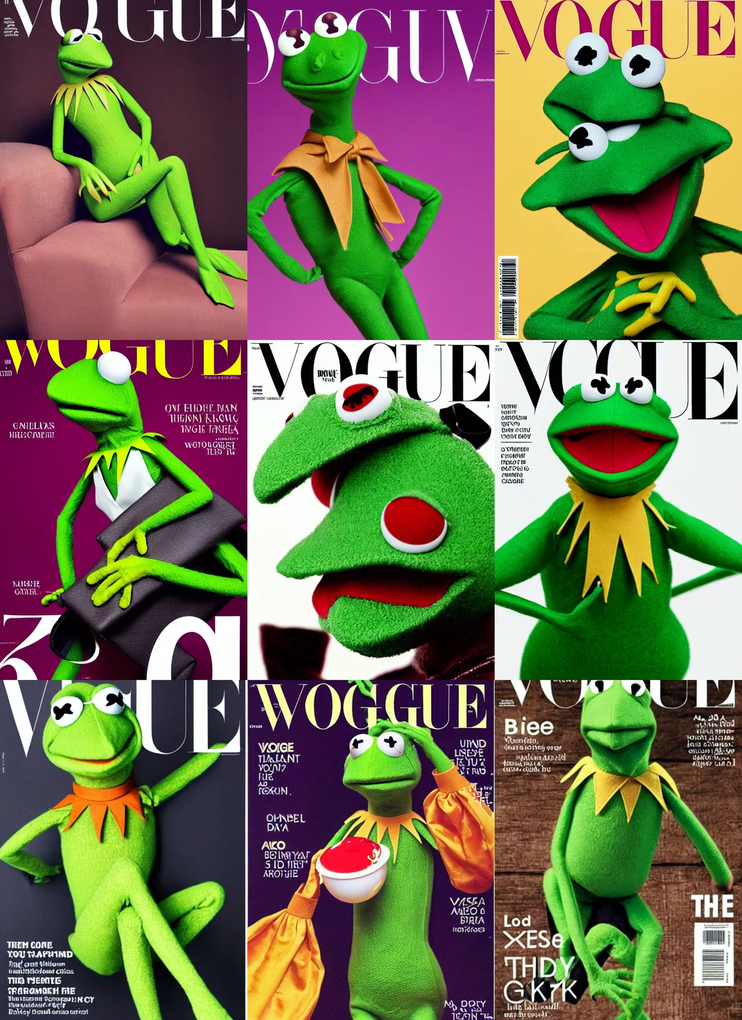 Prompt: a photograhpy of kermit the frog on a vogue cover