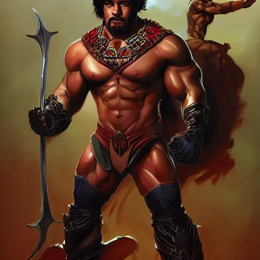 Image similar to portrait of thundarr the barbarian, d & d, muscular! athetic slim bodybuilder, red and black, futuristic, fantasy, intricate, elegant, highly detailed, digital painting, artstation, concept art, smooth, sharp focus, illustration, art by artgerm and greg rutkowski and alphonse mucha