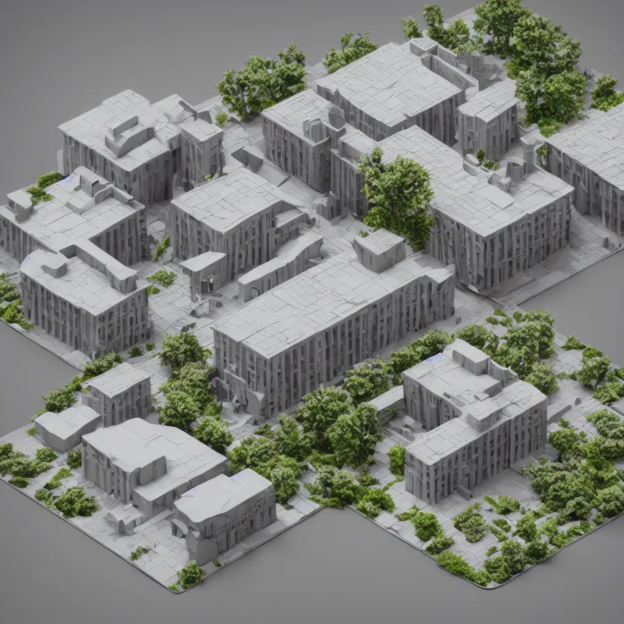 Prompt: architectural model, isometric view, 3 d render, studio lighting, low contrast, dark background, highly detailed, single building, single plot, a house, circular courtyard, tree