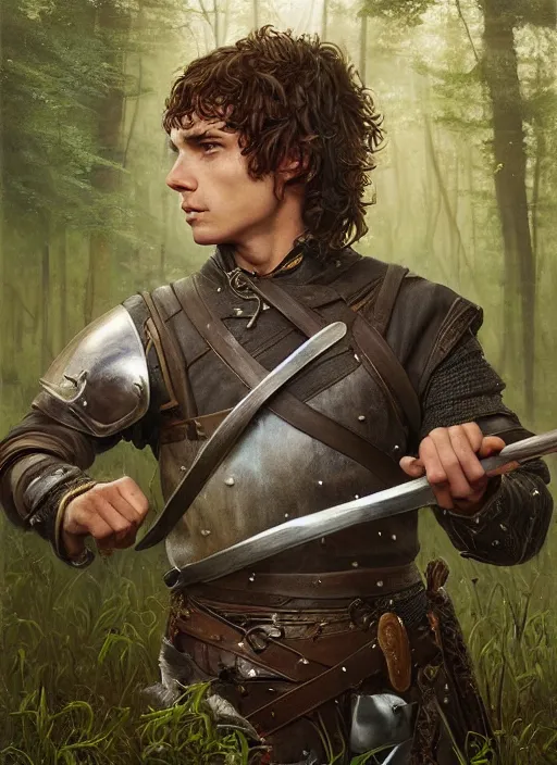 Prompt: a portrait painting of a grim fighter male hobbit wearing leather armor on a beautiful lush forest meadow, morning, art by Tristan Eaton, Stanley Artgerm, Tom Bagshaw, Greg Rutkowski, Carne Griffiths