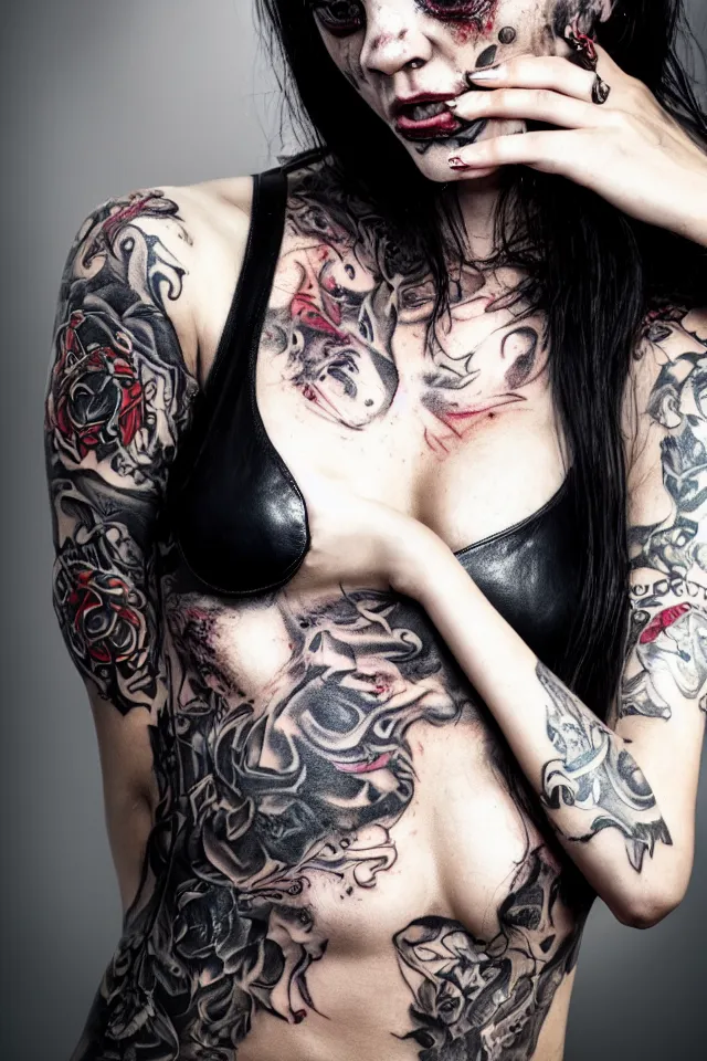 Image similar to Hot young woman with grey skin, possessed white eyes, tattoos, and wearing leather, photorealistic, HDR, volumetric lighting