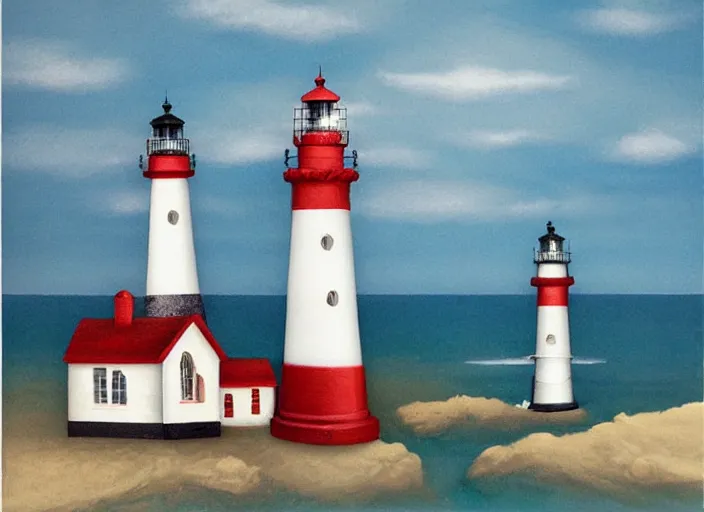 Image similar to whimsical simple folk art lighthouses, lowbrow, matte painting, 3 - d highly detailed, in the style of ammi phillips,