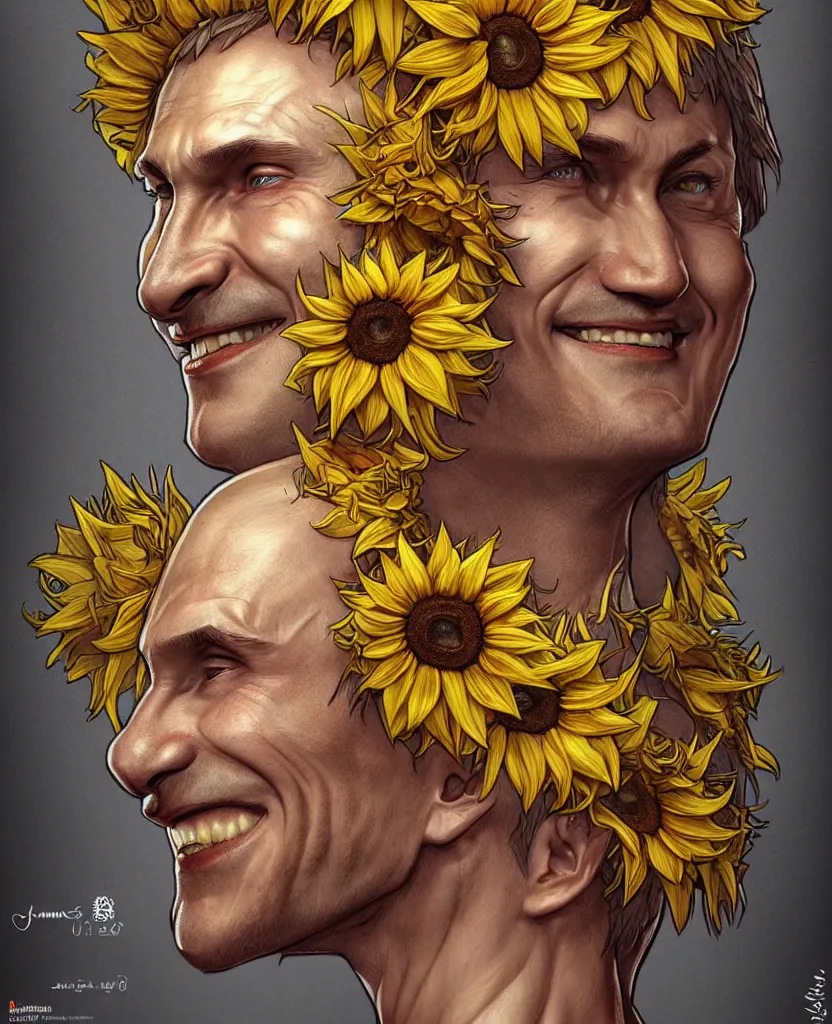 Image similar to digital art, centered full body of Putin smiling king, Sunflower crown, ,intricate, veins, by James Jean and by artgerm , by ross tran ultradetailed, charachter design, concept art, trending on artstation,