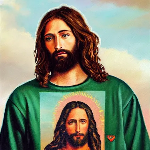 Image similar to an oil painting showing jesus wearing a supreme t - shirt underneath a gucci hoddie, 4 k, highly detailed