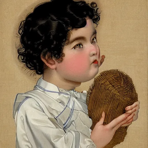 Image similar to a boy with long black curly hair, round face holding a loaf of bread in a basket. By JC Leyendecker. By Yasunari ikenaga .