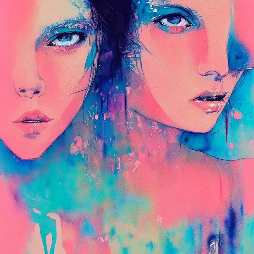 Image similar to close up portrait painting of a female in nineties street styling, concept art, intricate details, aesthetically pleasing pastel colors, art by conrad roset, impressionism, watercolor, portrait