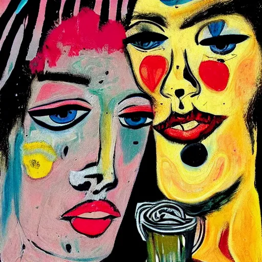 Image similar to beautiful painting of two bizarre psychedelic goth women kissing each other closeup in a cafe in japan, speculative evolution, mixed media collage by basquiat and jackson pollock, magazine collage art, sapphic art, lesbian art
