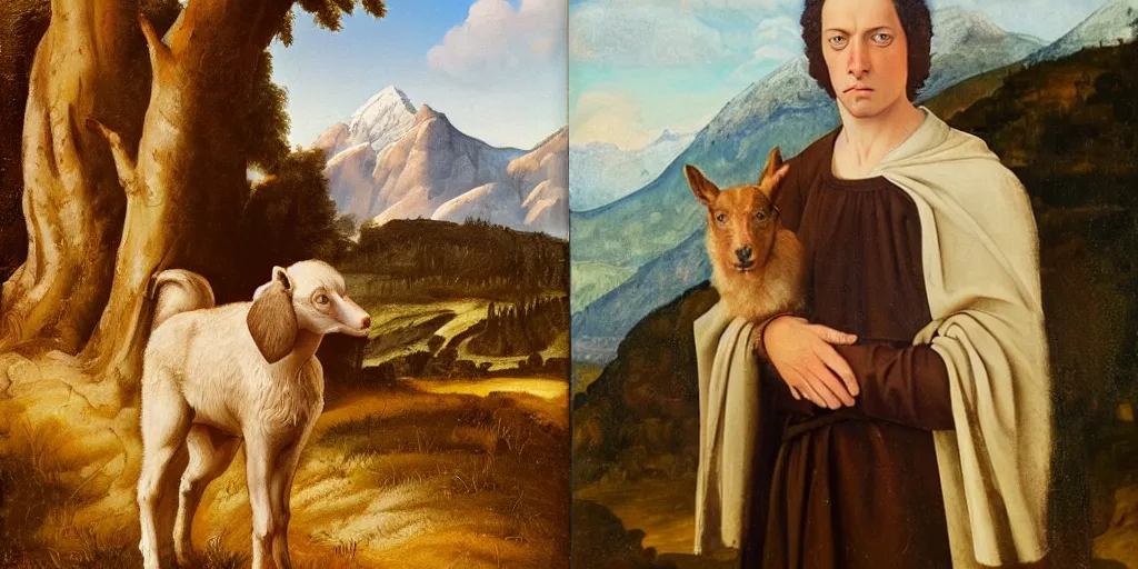 Prompt: Portrait of a young shepherd, with short hair and clear blue eyes. Mountain in background. Oil painting, Renaissance style.