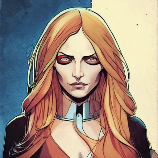 Image similar to Rafeal Albuquerque comic art, Joshua Middleton comic art, pretty female Phoebe Tonkin, pirate, eye patch over one eye, evil smile, symmetrical face, symmetrical eyes, pirate clothing, long wavy blonde hair, full body:: sunny weather::