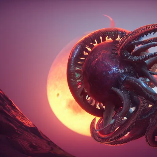 Image similar to a biomechanical space kraken eating one of the moons of Jupiter, hype realistic, volumetric lighting, cosmic horror, Art station, Octane render, Unreal Engine 3D