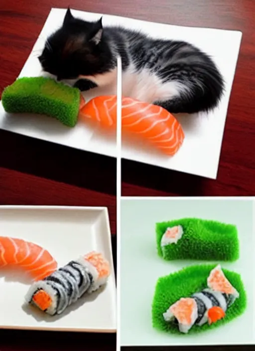 Image similar to clear photorealistic picture of adorable cats made out of sushi