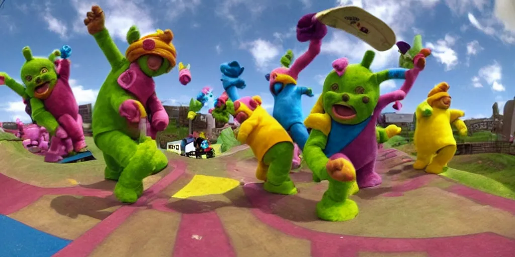 Prompt: tony hawk pro skater teletubbies level