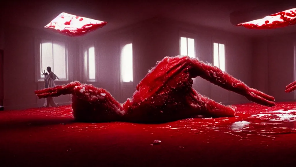 Prompt: a giant hand made of blood and ice floats through the living room, film still from the movie directed by Denis Villeneuve with art direction by Salvador Dalí, wide lens