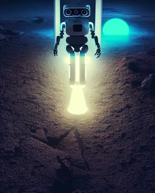 Image similar to a robot standing in front of a glowy open door that's on a barren moon, poster art by mike winkelmann, trending on cg society, space art, sci - fi, ue 5, futuristic, volumetric lighting, light casting onto the ground, neat composition and camera angle