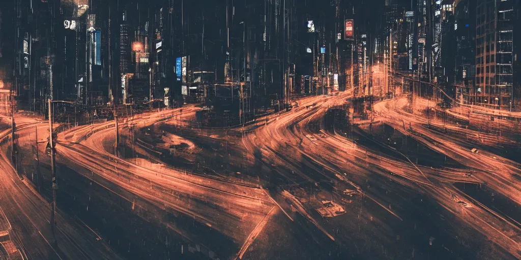 Prompt: a city street at night, raining, photograph, cars on the road, cyberpunk, sharp focus, intricate detail, drone shot