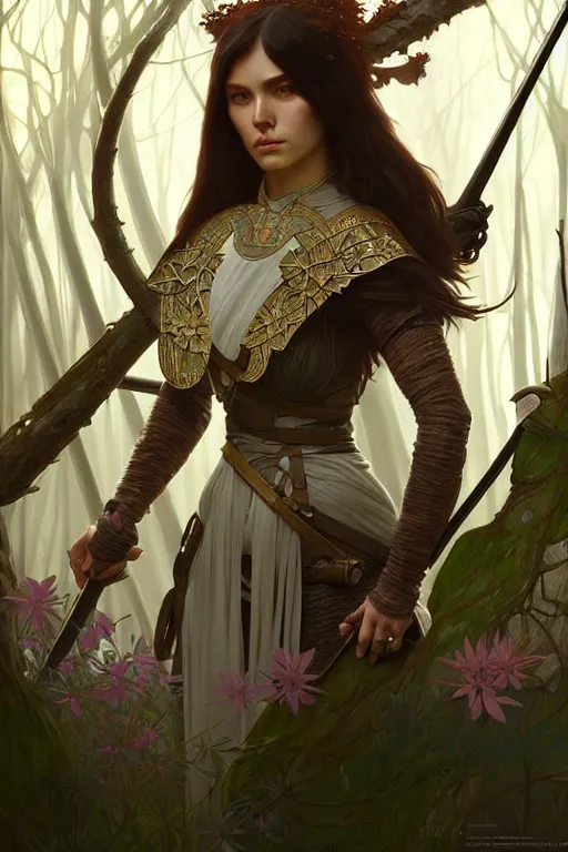 Image similar to beautiful digital painting of a stylish medieval female warrior forest with high detail, 8 k, stunning detail, works by artgerm, greg rutkowski and alphonse mucha, unreal engine 5, 4 k uhd