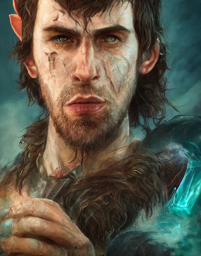 Prompt: An epic fantastic realism comic book style portrait painting of an arrogant half elf ranger with shaggy brown hair, scruffy beard, scar on face, teal tunic, 8k, 4k, D&D Concept Art, unreal 5, DAZ, hyperrealistic, octane render, cosplay, RPG portrait, dynamic lighting