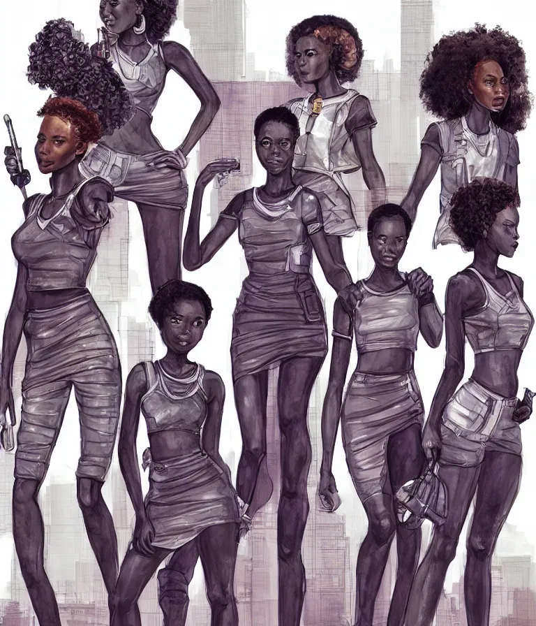 Image similar to a perfect, realistic professional digital sketch of african schoolgirls posing in a sci-fi afro futuristic cityscape, style of Marvel, full length, by pen and watercolor, by a professional American senior artist on ArtStation, a high-quality hollywood-style sketch, on high-quality paper