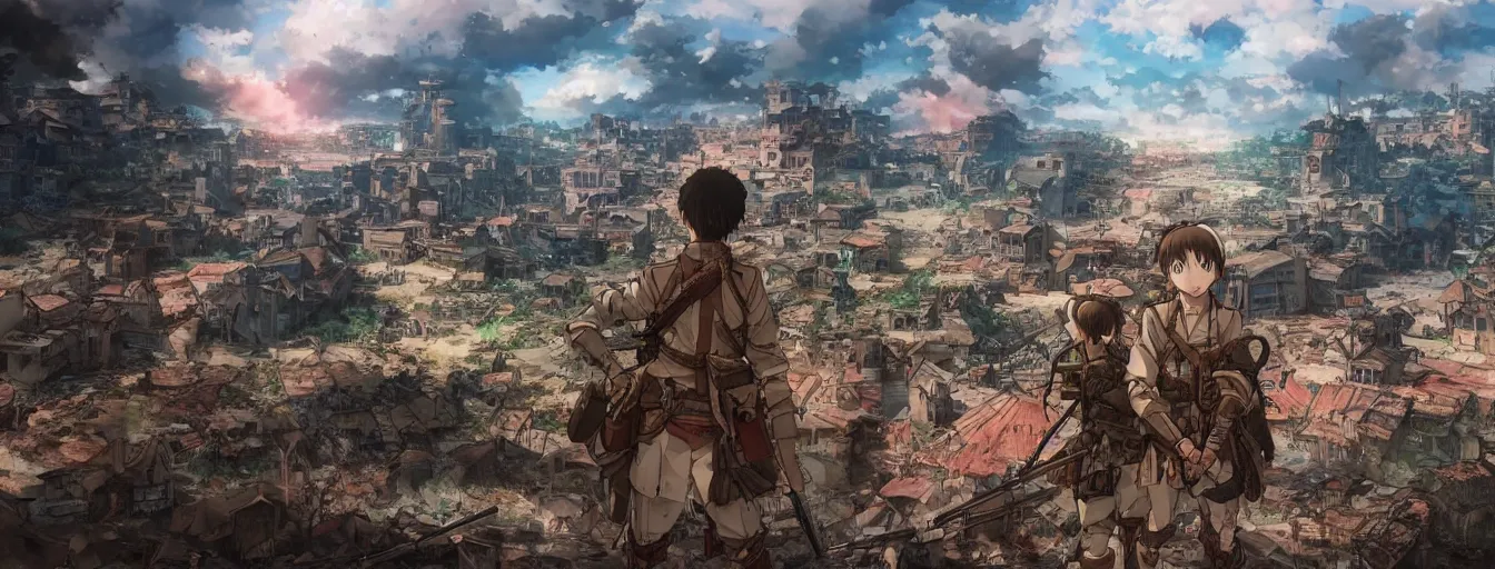 Prompt: the beautiful, dreamy, wistful view of a battlefield after war filled with blood. hyperrealistic anime background illustration by kim jung gi, attack on titan, colorful, extremely detailed intricate linework, smooth, super sharp focus, bright colors, high contrast, matte, octopath traveler, unreal engine 5 highly rendered, global illumination, radiant light