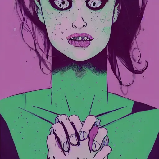 Prompt: Highly detailed portrait of pretty punk zombie young lady with, freckles and beautiful hair by Atey Ghailan, by Loish, by Bryan Lee O'Malley, by Cliff Chiang, inspired by image comics, inspired by graphic novel cover art, inspired by izombie !! Gradient purple and green color scheme ((grafitti tag brick wall background)), trending on artstation