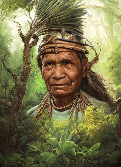 Prompt: a portrait of an indigenous amazonian elder in the jungle, fantasy art, matte painting