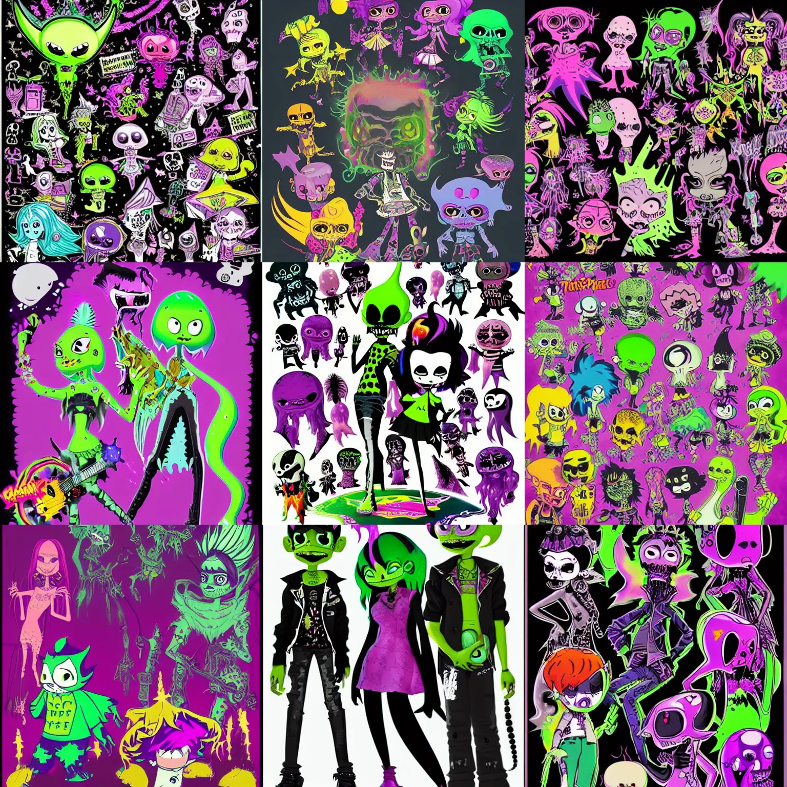 Prompt: lisa frank gothic punk toxic glow in the dark bones vampiric rockstar vampire squid concept character designs of various shapes and sizes by genndy tartakovsky and the creators of fret nice at pieces interactive and splatoon by nintendo and the psychonauts by doublefines tim shafer artists for the new hotel transylvania film managed by pixar and overseen by Jamie Hewlett from gorillaz
