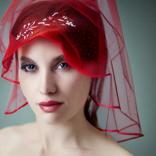 Prompt: Photorealistic photo of woman wearing a red wedding embroidered veil, , dramatic lighting, 88mm lens
