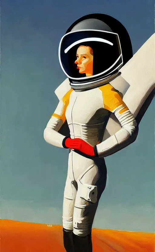 Image similar to Portrait of a woman astronaut with helmet and black latex suit, very coherent, painted by Edward Hopper, painted by James Gilleard, airbrush, art by JamesJean