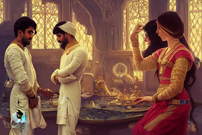 Prompt: Sensual good looking pale young Indian doctors wearing Renaissance clothing in a space station above Earth, portrait, elegant, intricate, digital painting, artstation, concept art, smooth, sharp focus, illustration, art by artgerm and greg rutkowski and alphonse mucha