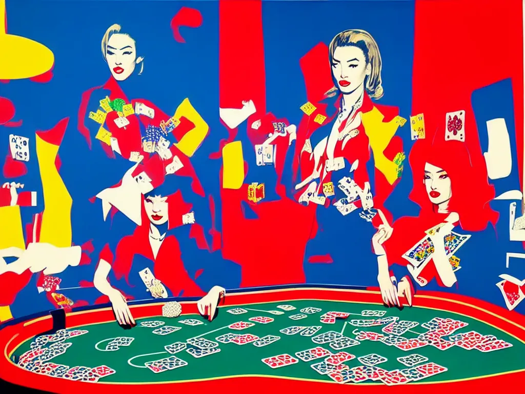 Image similar to hyper - realistic composition of a room in a casino with an extremely detailed poker table, croupier in kimono standing nearby fireworks in the background, pop art style, jackie tsai style, andy warhol style, acrylic on canvas