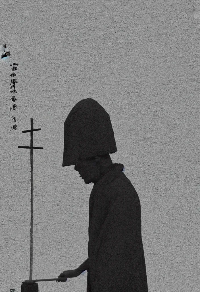 Image similar to portrait of a lone monk raking stones in kyoto, japan, a collage painting, in the style of wes anderson, lola dupre, david hockney, isolated on negative white space background dark monochrome fluorescent neon spraypaint accents volumetric octane render