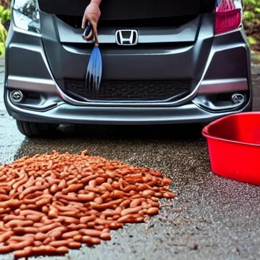 Image similar to a man made entirely of baked beans cleaning a honda jazz in the driveway overcast weather