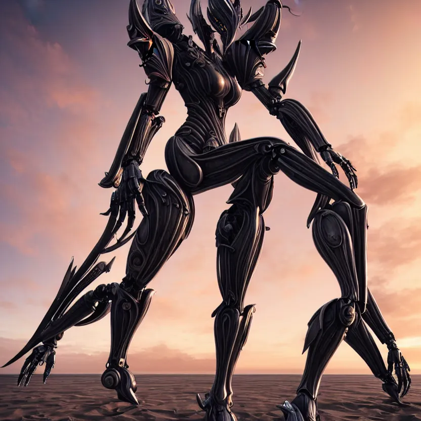 Prompt: looking up at a highly detailed 300 foot tall giant exquisite beautiful stunning valkyr female warframe, as an anthropomorphic robot dragon, posing elegantly over your tiny form, detailed legs looming over you, camera on the ground, at the beach on a sunset, sleek streamlined design, streamlined matte black armor, sharp detailed claws, detailed sharp robot dragon feet, worms eye view, giantess shot, upward shot, ground view shot, leg shot, front shot, epic cinematic shot, high quality warframe fanart, captura, realistic, professional digital art, high end digital art, furry art, giantess art, anthro art, DeviantArt, artstation, Furaffinity, 8k HD render, epic lighting