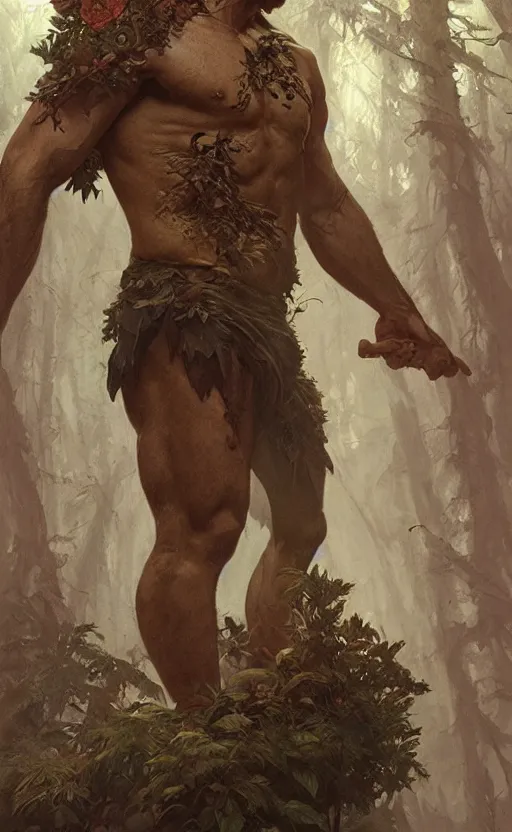 Image similar to god of the forest, 3 0 years old, rugged, handsome, male, detailed face, clean lines, atmospheric lighting, amazing, full body, flowers, muscular, intricate, highly detailed, digital painting, artstation, concept art, sharp focus, illustration, art by greg rutkowski and alphonse mucha