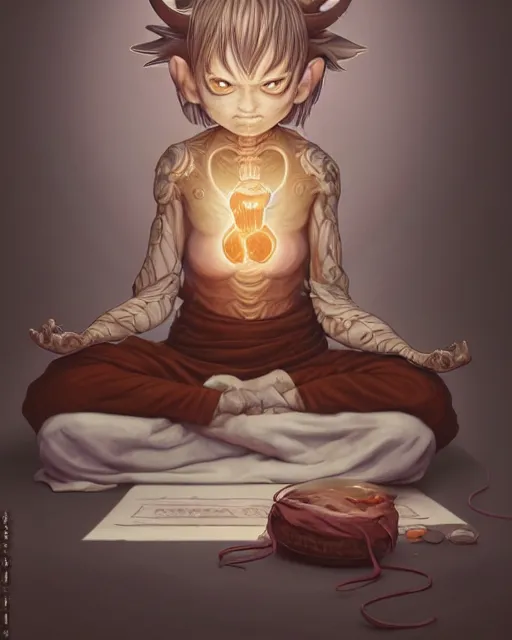 Image similar to a tiny cute demon floating while meditating and wrapped in sacred scrolls, smooth, intricate, elegant, digital painting, artstation, concept art, sharp focus, octane render, illustration, art by shintaro kago, apex legends character,