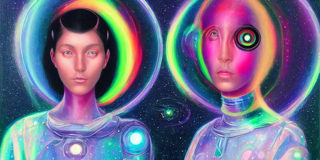 Image similar to patron saint of 🛸🌈👩🏾, futuristic iridescent clothing, wormhole, nebula, black hole, multiverse, neon god of city character portrait, in the style of margaret keane, moebius, tom bagshaw, and waterhouse, cinematic lighting, beautiful, elegant, oil painting,