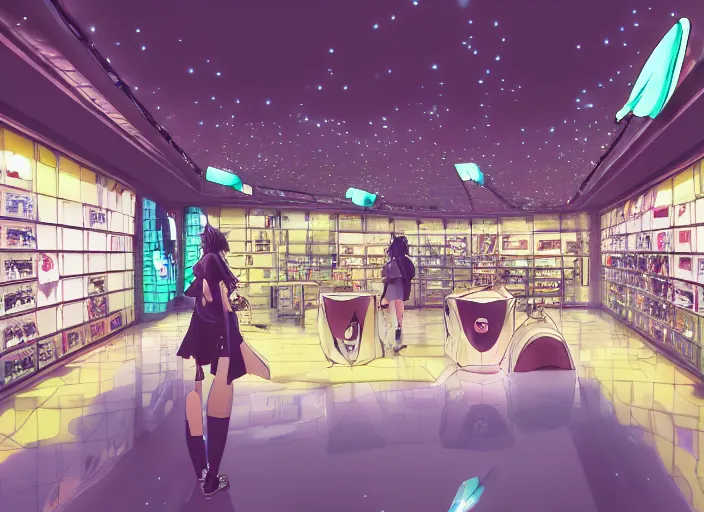 Image similar to lomography, anime background, a detailed nike shop interior, glowing, haruhiko mikimoto, hisashi eguchi, lodoss, architectural perspective, dramatic lighting, displays with detailed shoes and clothes, sharpened image, yoshinari yoh