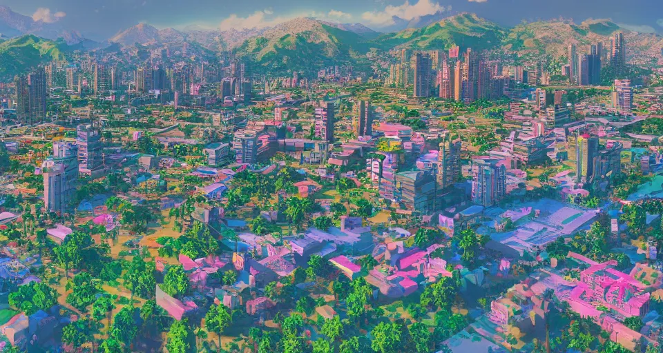 Image similar to City of Armenia Quindio, landscape, vaporwave style, trending on ArtStation, digital artwork, 4k, wallpaper, high definition