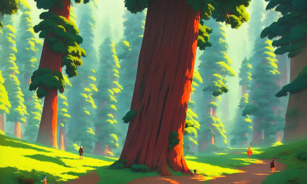 Image similar to Sequoia Park in a colorful moutain with beautiful trees , no people, morning, by studio ghibli painting, superior quality, masterpiece, traditional Japanese colors, by Grzegorz Rutkowski, concept art