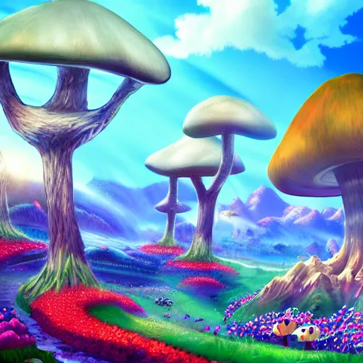 Image similar to the mushroom kingdom, photorealistic, landscape, cinematic, beautiful, colorful