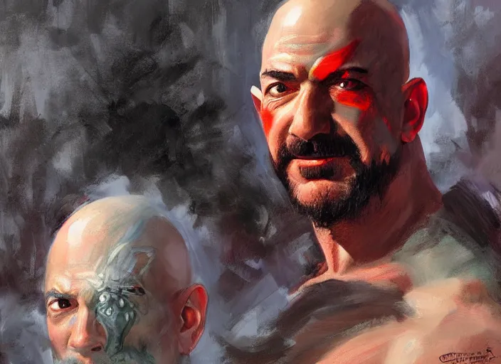 Image similar to a highly detailed beautiful portrait of jeff bezos as kratos, by gregory manchess, james gurney, james jean