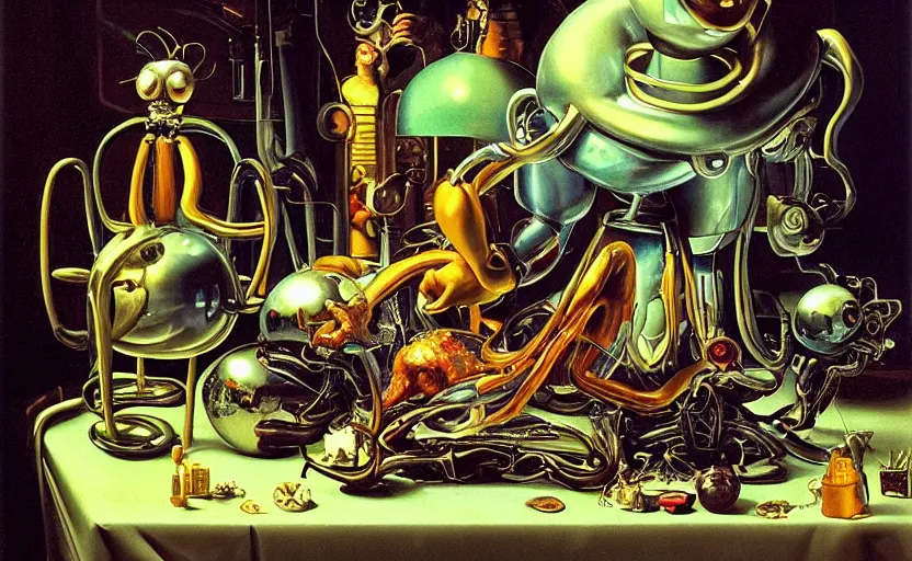 Image similar to strange seductive futuristic robot body, enticing colorful oil masterful painting dutch golden age vanitas still life splendid composition with bulbous luscious objects strange gooey transparent surfaces shiny metal reflections bizarre mutant meat insects rachel ruysch dali todd schorr very detailed perfect composition rule of thirds masterpiece canon 5 0 mm, cinematic lighting, photography, retro, film, kodachrome