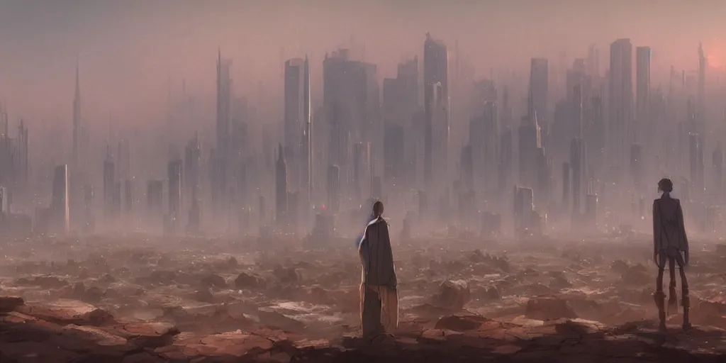 Prompt: A barren desert landscape with a glowing metropolis in the distance, fog and ethereal lighting, by Greg Rutkowski and Studio Ghibli