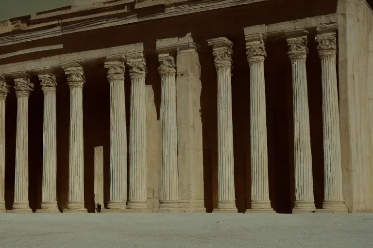 Prompt: film still of gigantic néoclassical architecture in the desert, cinestill 800t 35mm full-HD