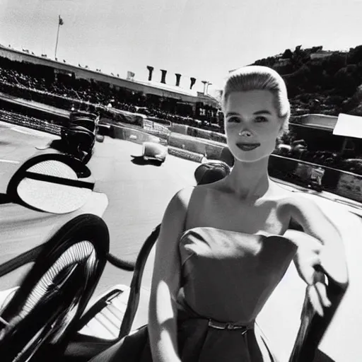 Image similar to selfie smartphone photo of a young Grace Kelly at the 2022 Monaco Gran Prix, F1 cars blurred in background, iphone photo, smartphone resolution, low resolution camera