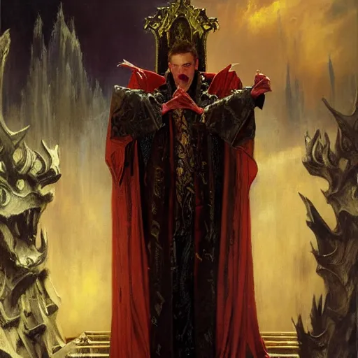 Image similar to perfectly centered portrait of attractive vampire king in a robe sitting on a throne of bones, highly detailed painting by gaston bussiere, craig mullins, j. c. leyendecker, 8 k