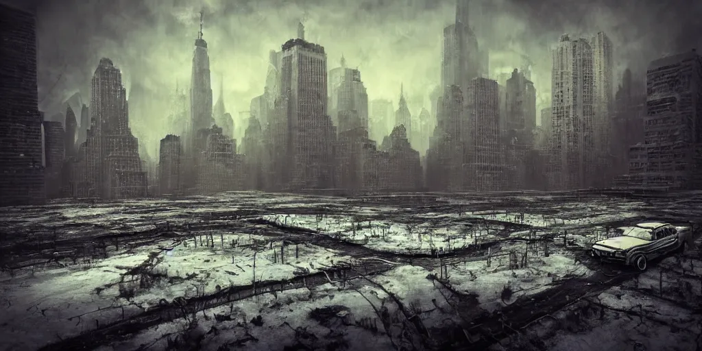 Image similar to nuclear winter, new york city, near future, decay, fantasy, sci - fi, hyper realistic, serene.